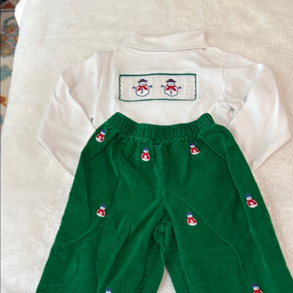 Kids Snowman Embroidered Matching Set - Green & White